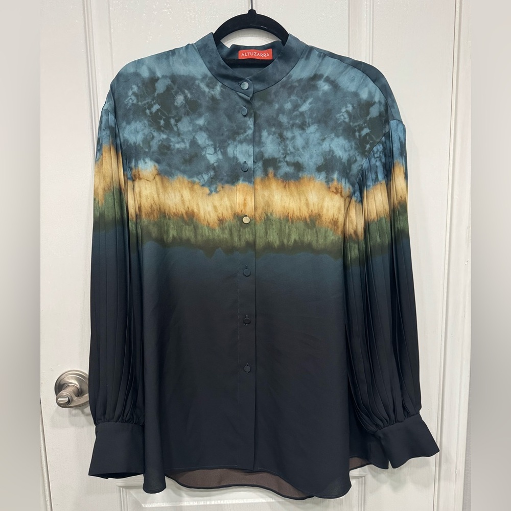 Altuzarra Watercolor Button-Down Blouse with Accordion Sleeves